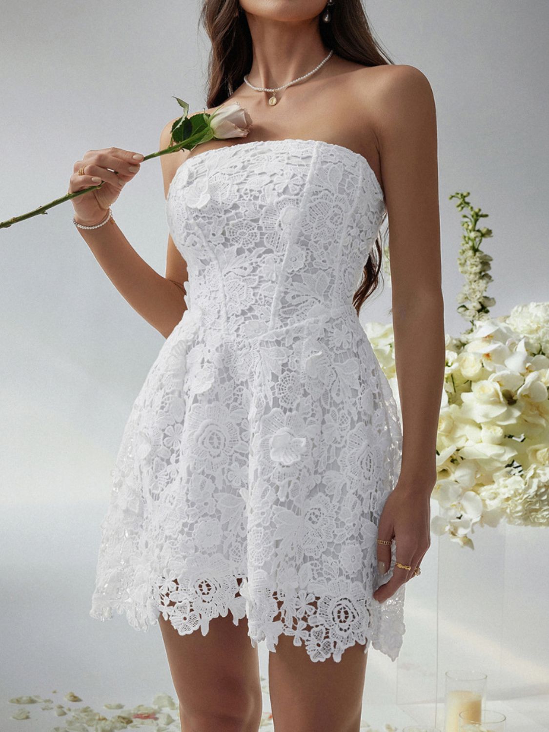 Devine Lace-Up Tube Lace Mini Dress.