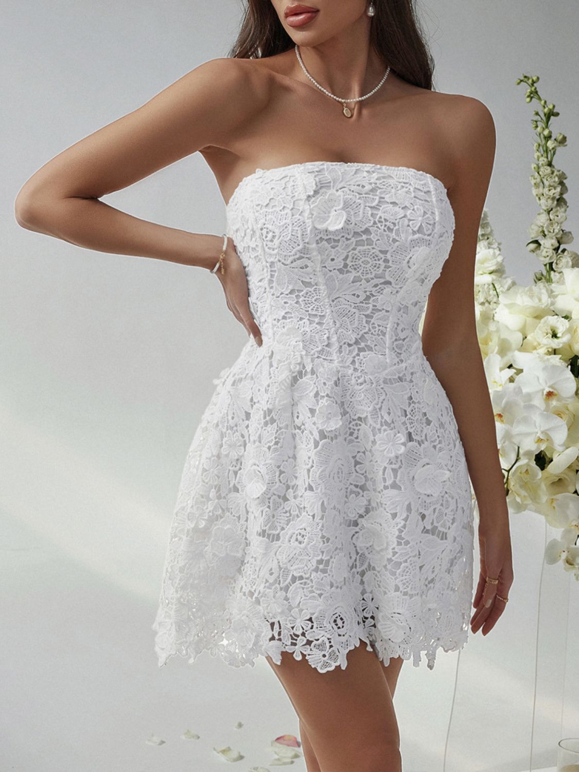 Devine Lace-Up Tube Lace Mini Dress.