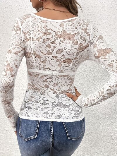 Lace V-Neck Long Sleeve Top.
