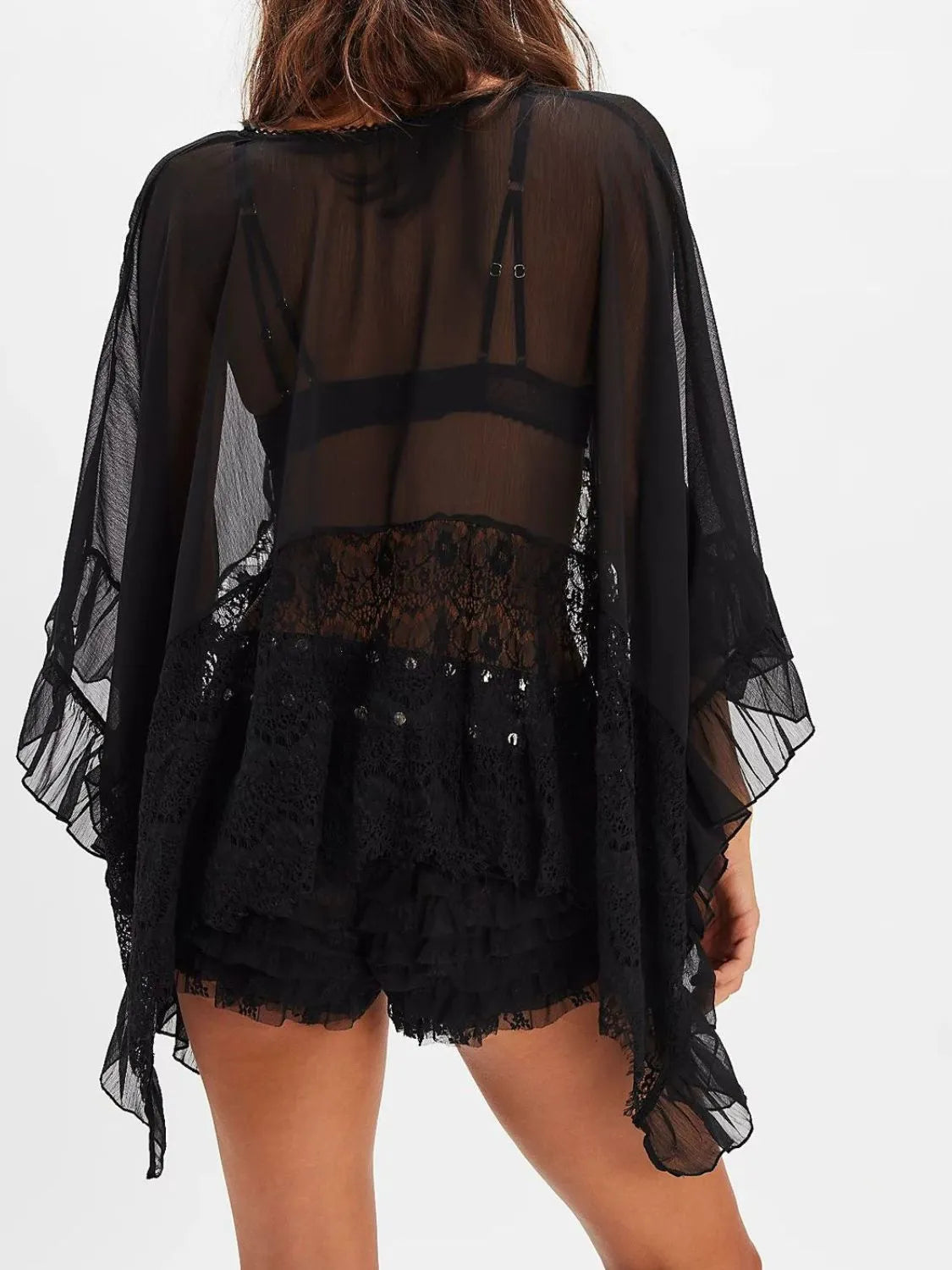 Lace V-Neck Ruffle Long Sleeve Cover-Up.
