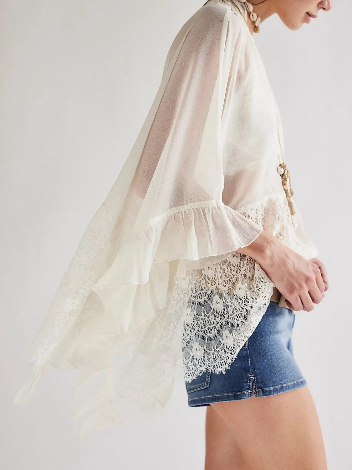 Lace V-Neck Ruffle Long Sleeve Cover-Up.