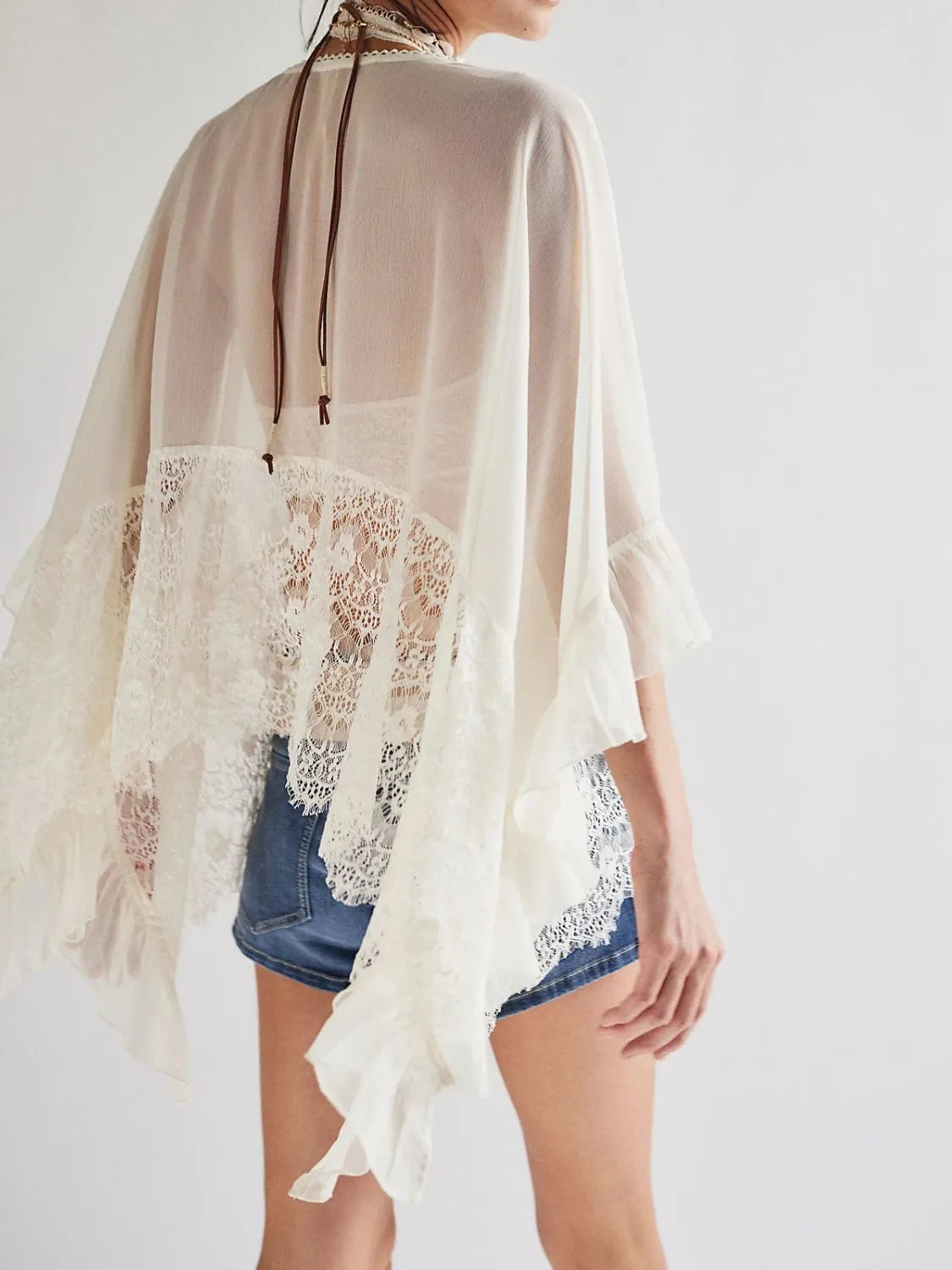 Lace V-Neck Ruffle Long Sleeve Cover-Up.