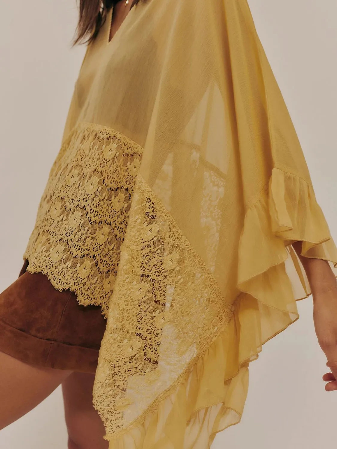 Lace V-Neck Ruffle Long Sleeve Cover-Up.