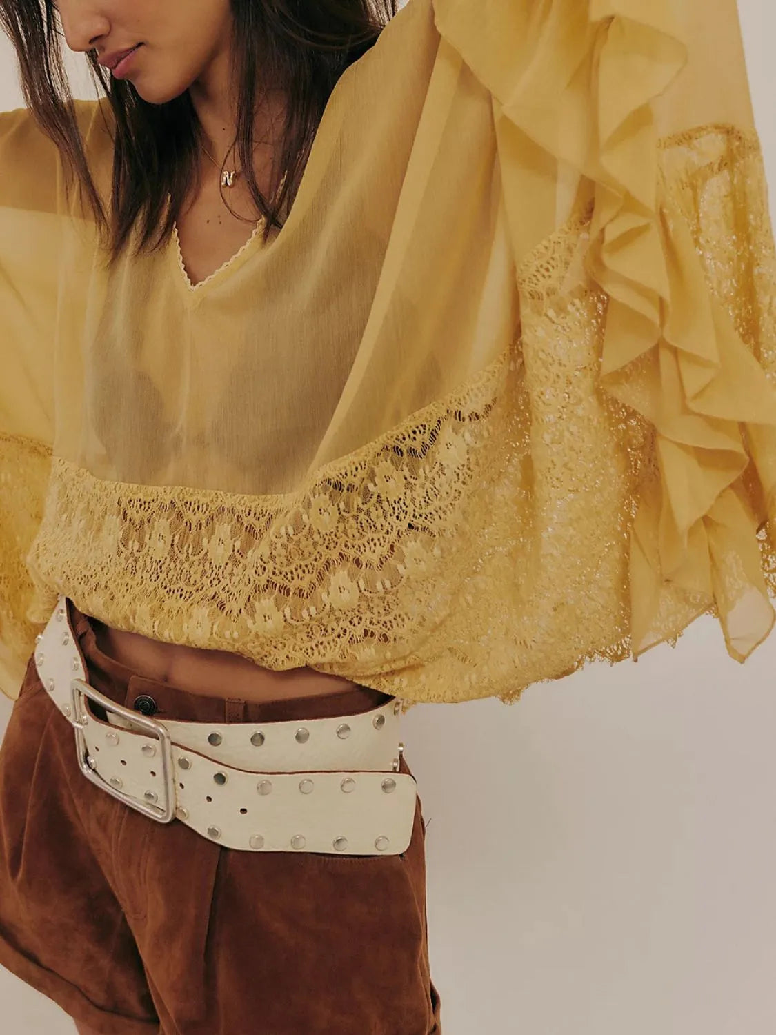 Lace V-Neck Ruffle Long Sleeve Cover-Up.