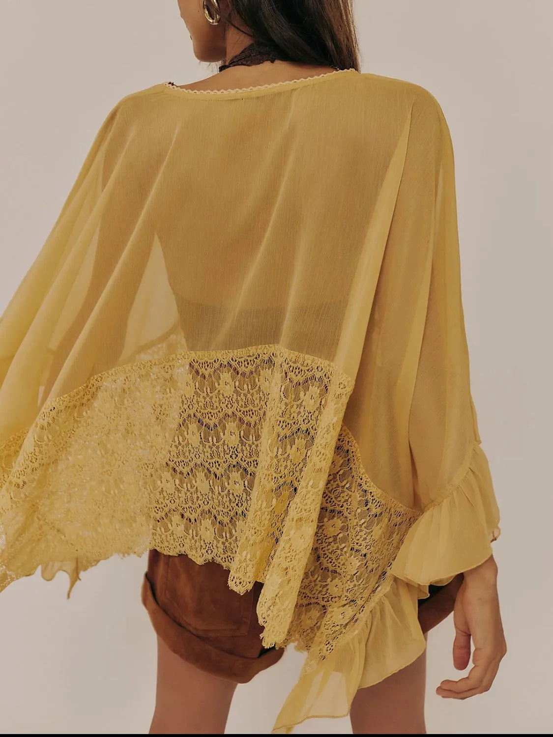 Lace V-Neck Ruffle Long Sleeve Cover-Up.