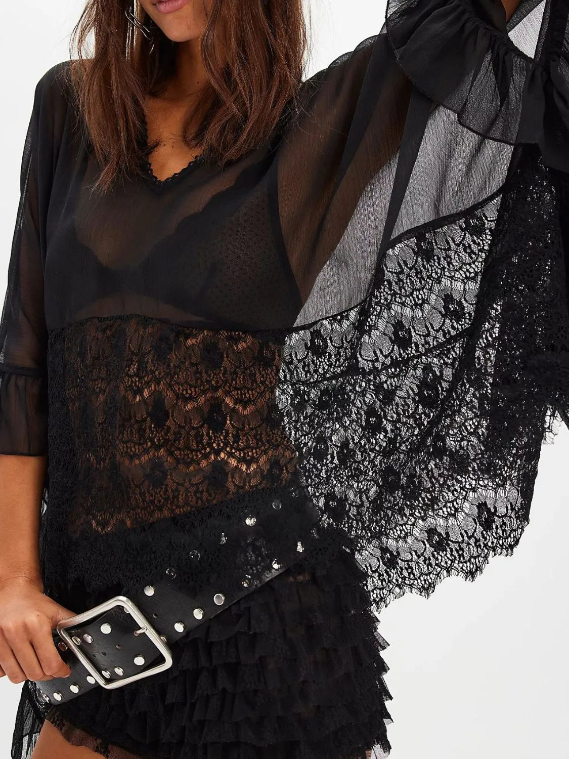Lace V-Neck Ruffle Long Sleeve Cover-Up.