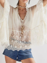 Lace V-Neck Ruffle Long Sleeve Cover-Up.