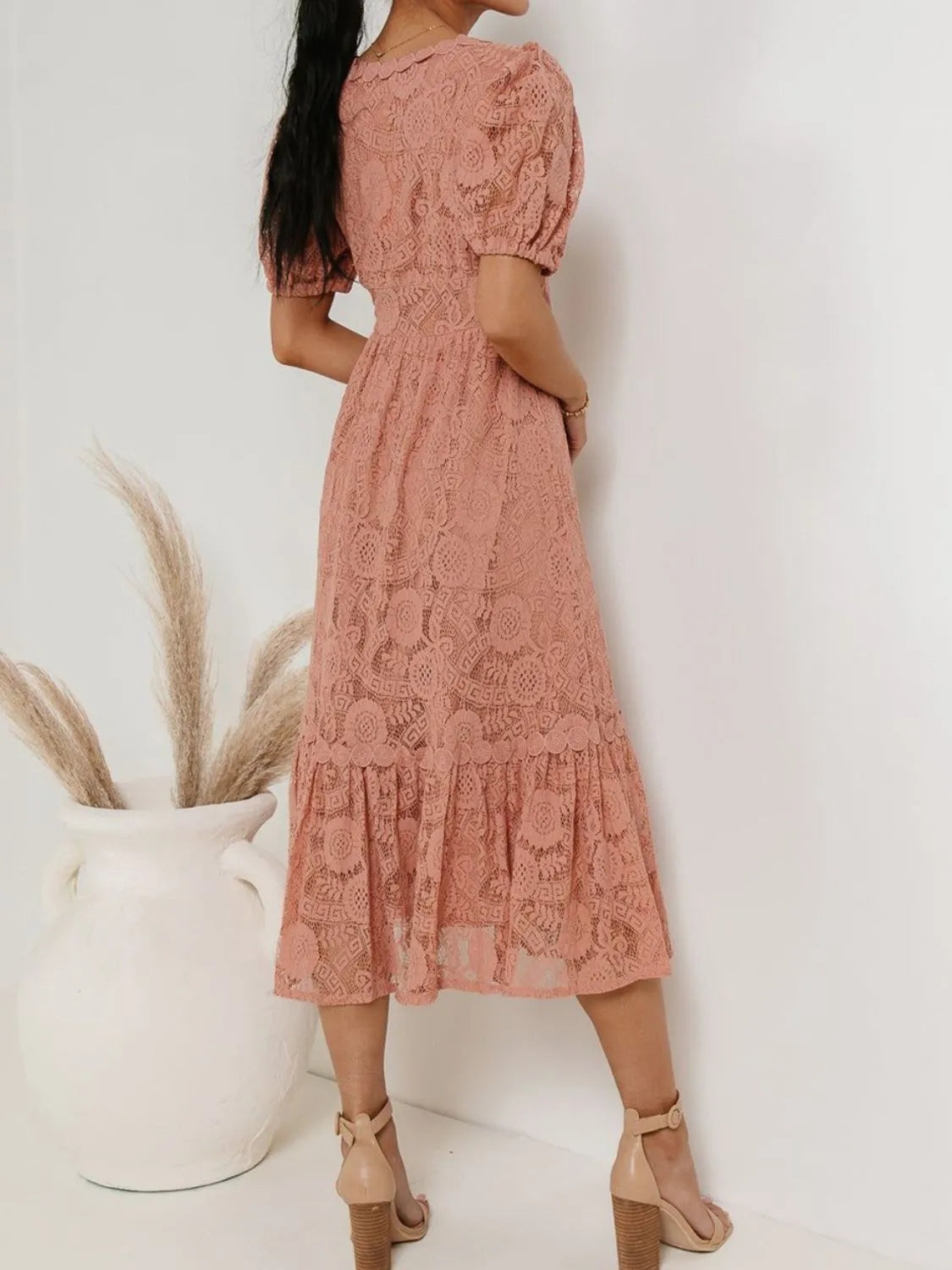 Lace V-Neck Short Sleeve Dress.