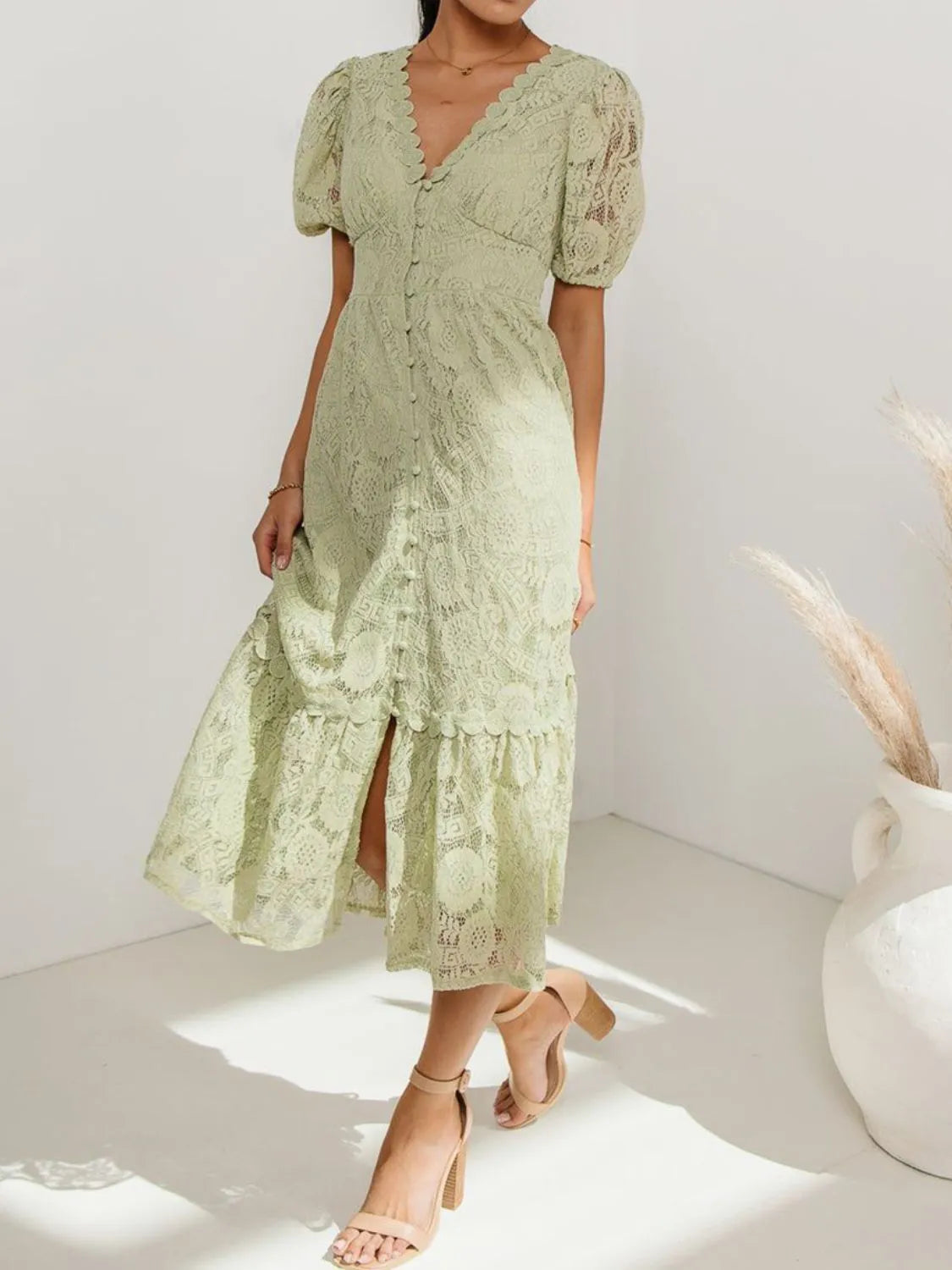 Lace V-Neck Short Sleeve Dress.