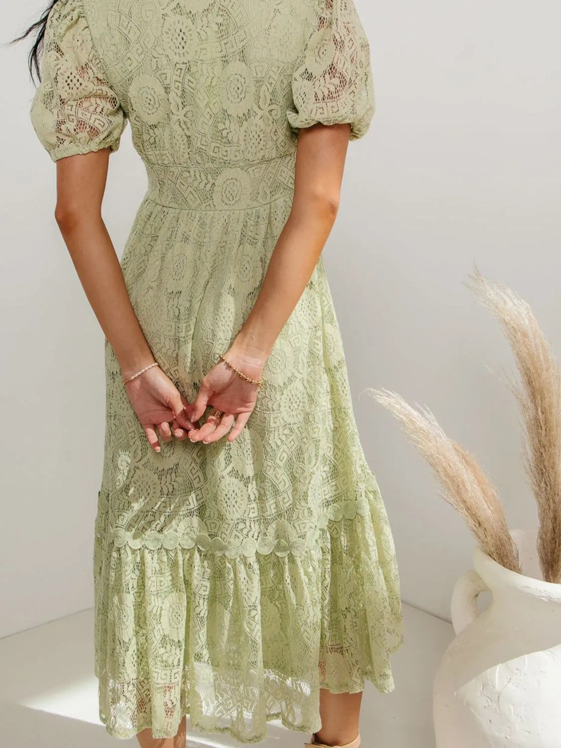 Lace V-Neck Short Sleeve Dress.