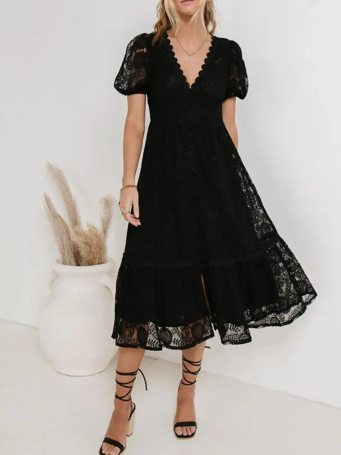 Lace V-Neck Short Sleeve Dress.