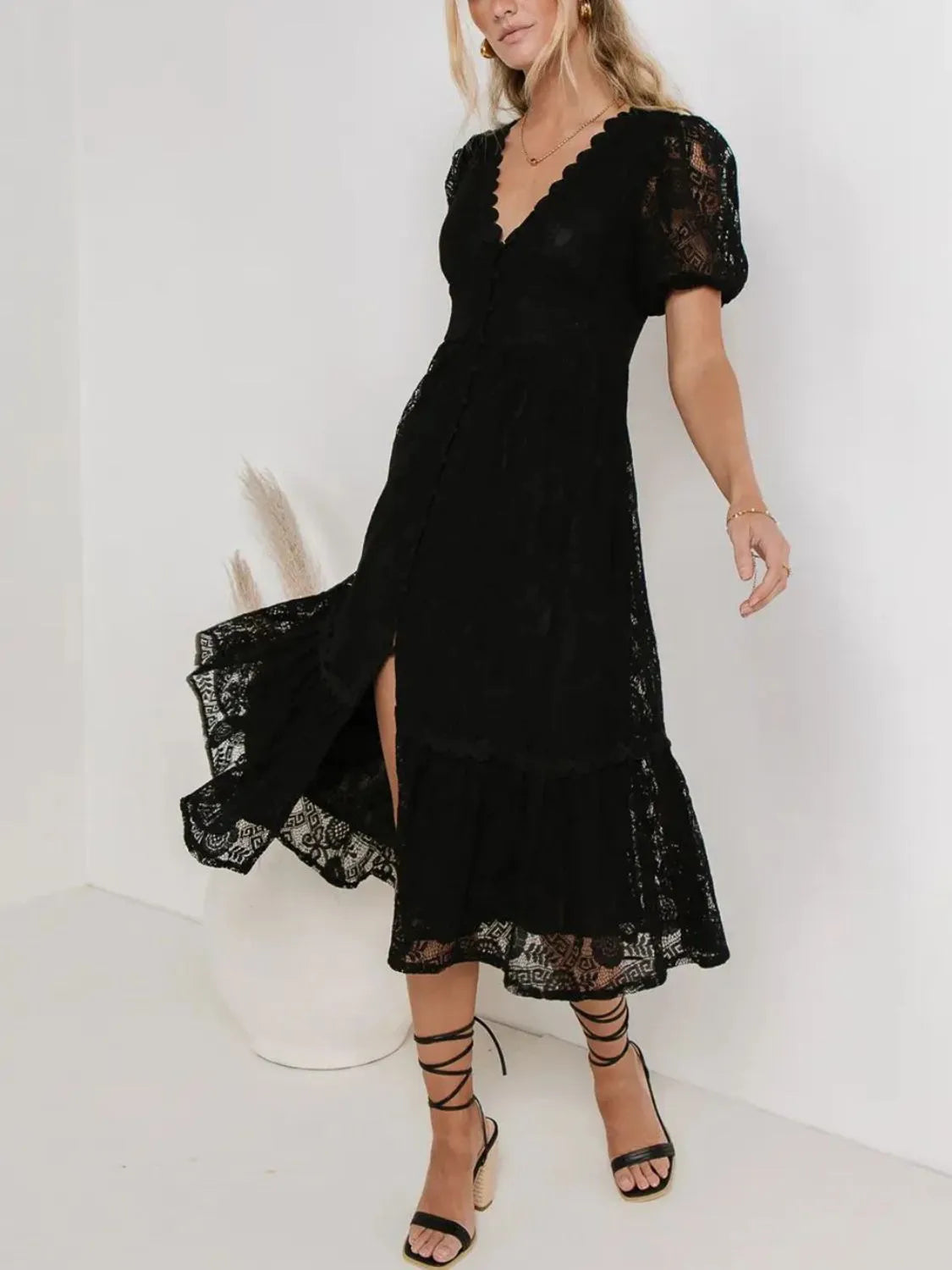 Lace V-Neck Short Sleeve Dress.