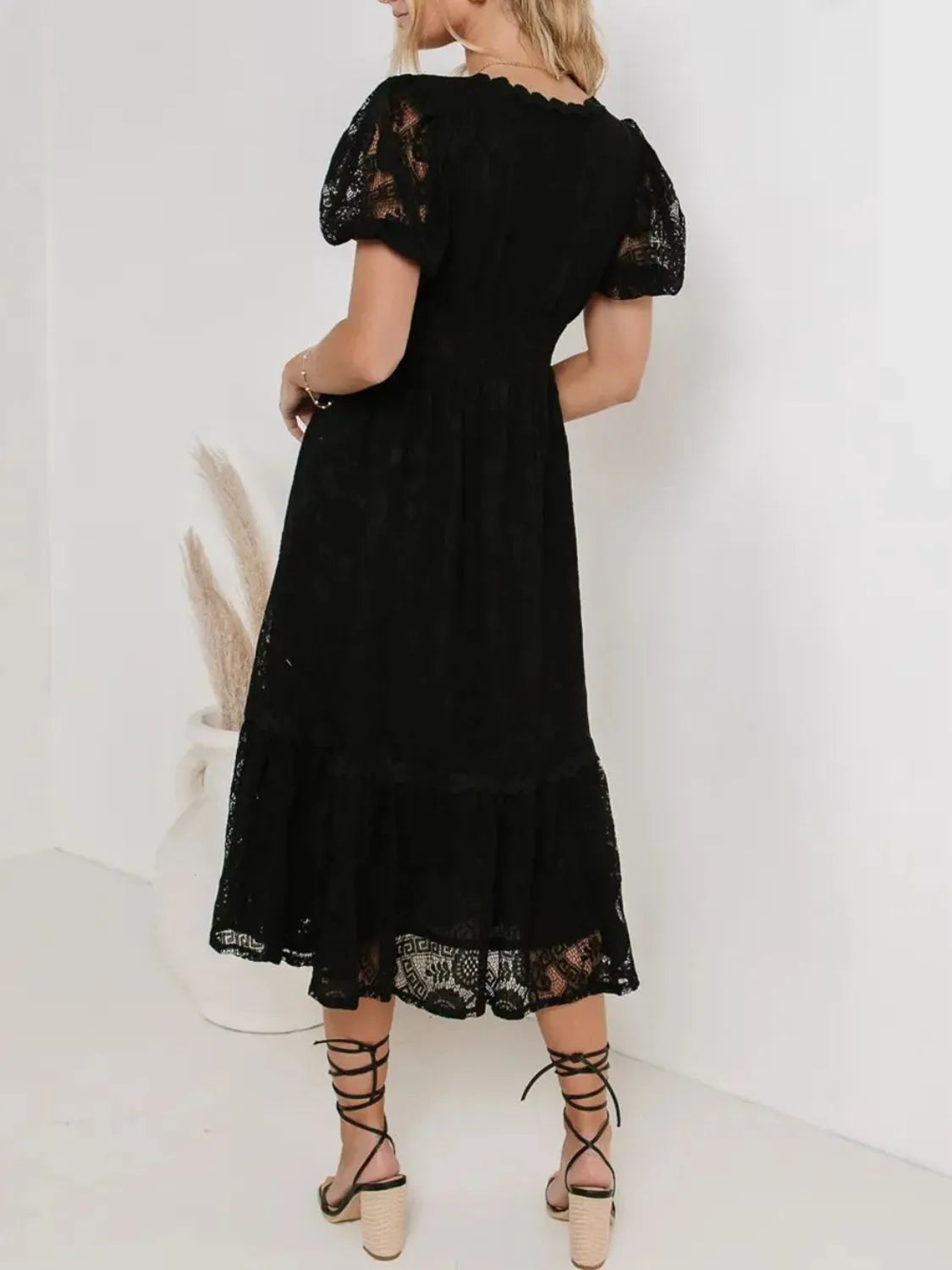 Lace V-Neck Short Sleeve Dress.