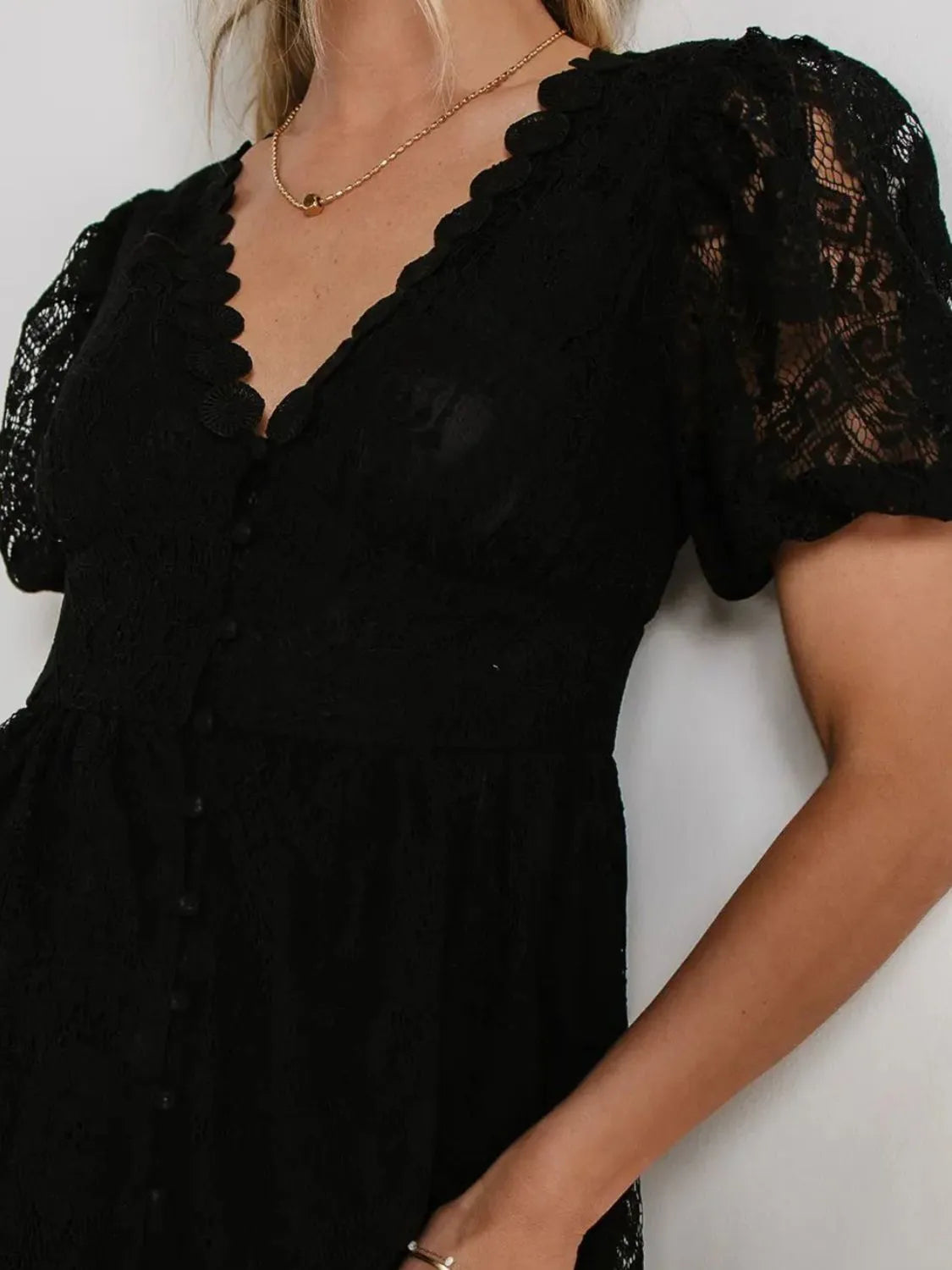 Lace V-Neck Short Sleeve Dress.
