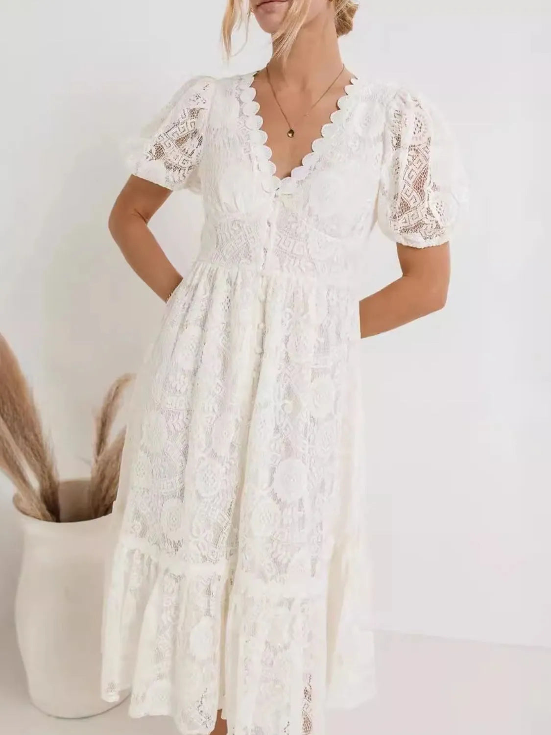 Lace V-Neck Short Sleeve Dress.