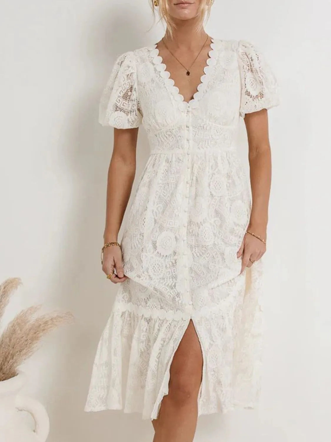 Lace V-Neck Short Sleeve Dress.