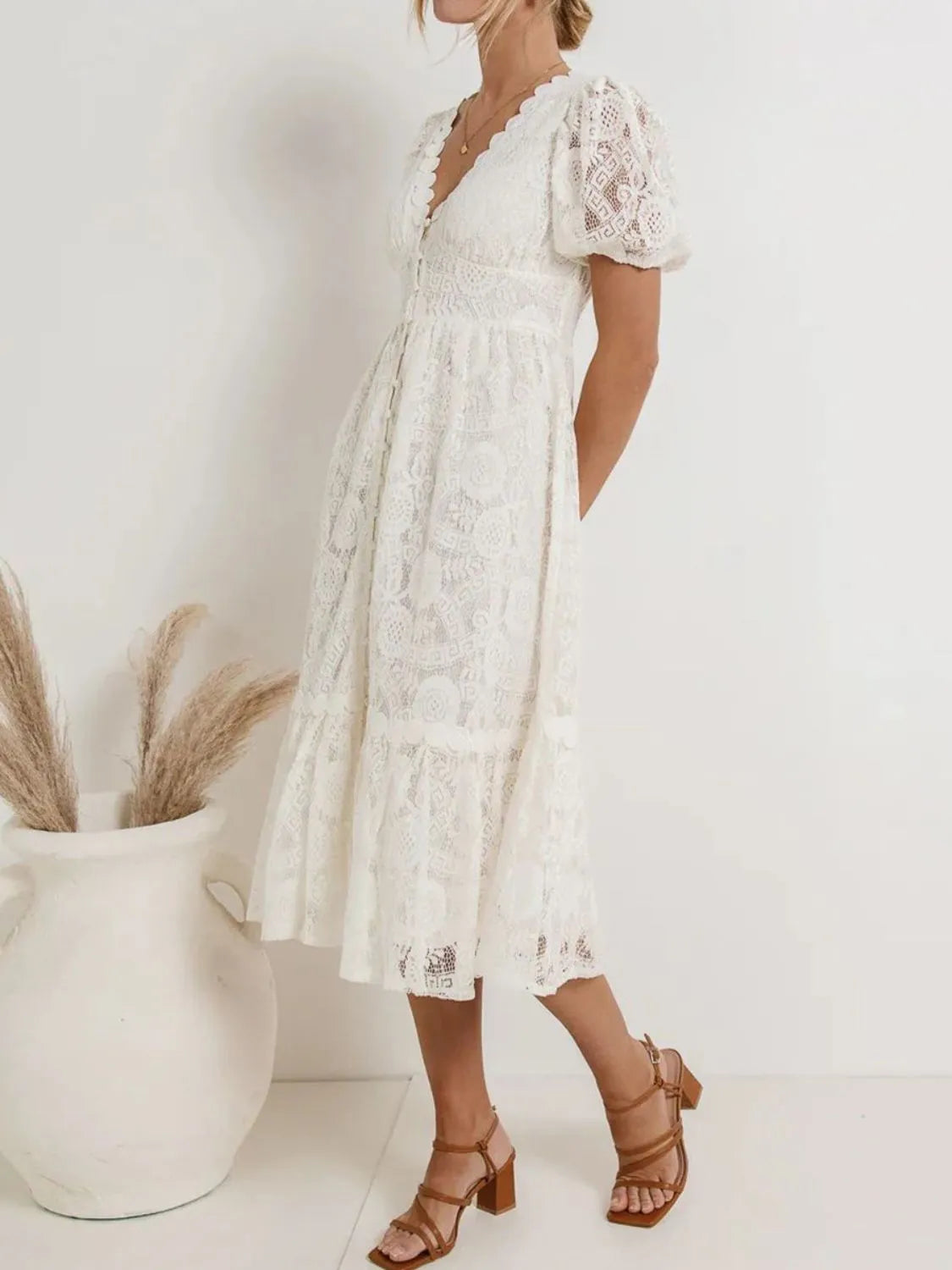 Lace V-Neck Short Sleeve Dress.