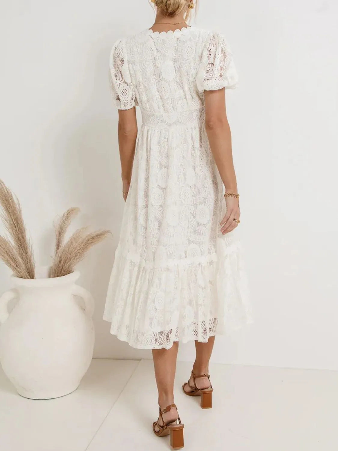 Lace V-Neck Short Sleeve Dress.