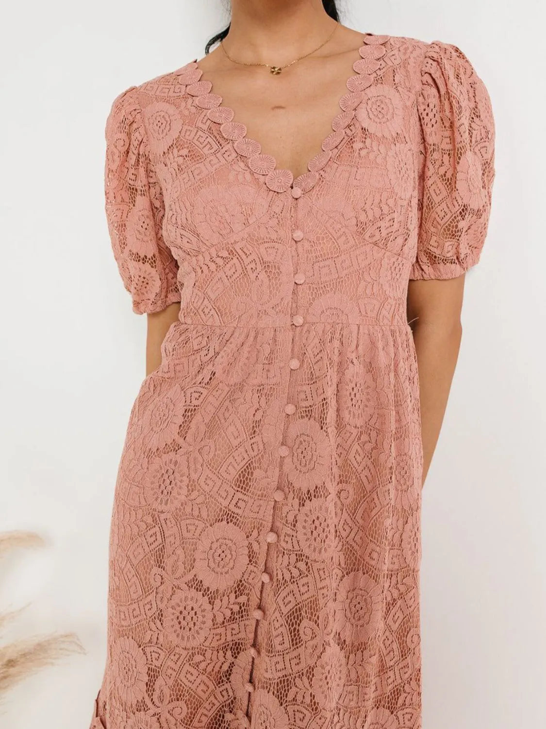 Lace V-Neck Short Sleeve Dress.