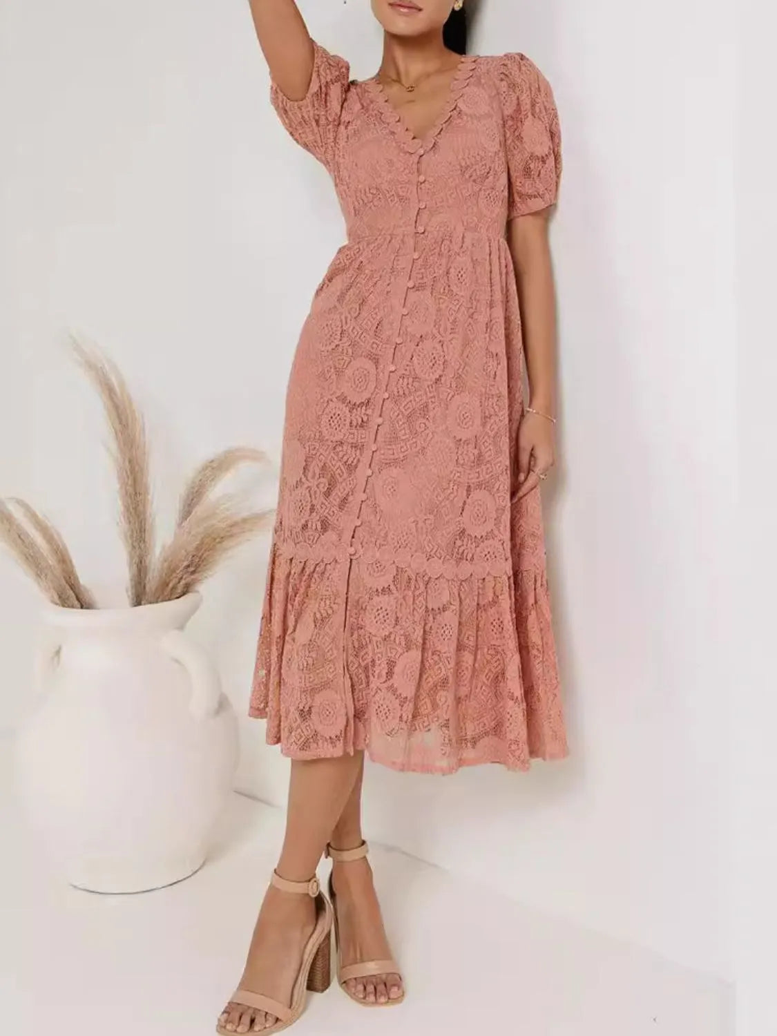 Lace V-Neck Short Sleeve Dress.