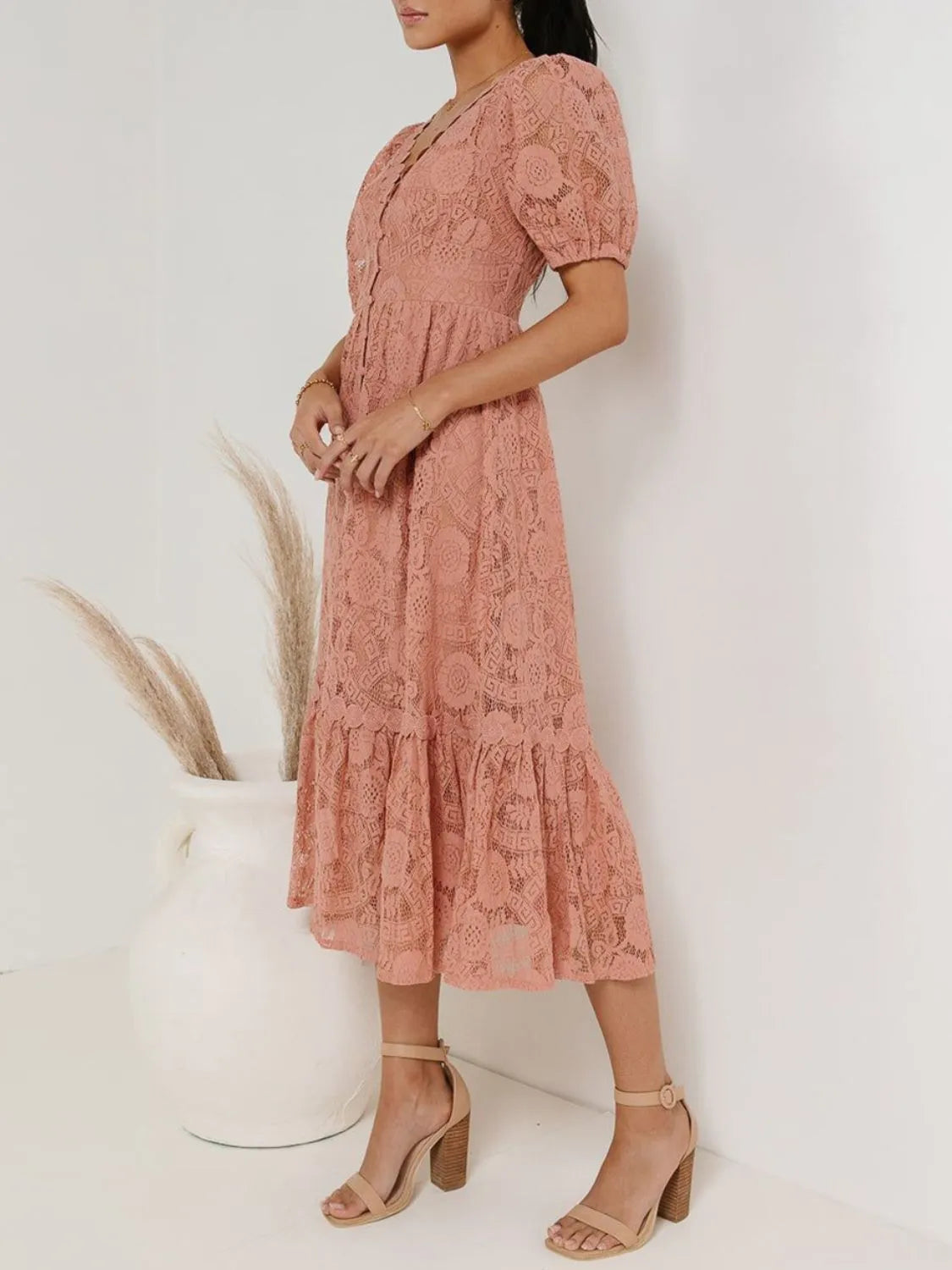 Lace V-Neck Short Sleeve Dress.