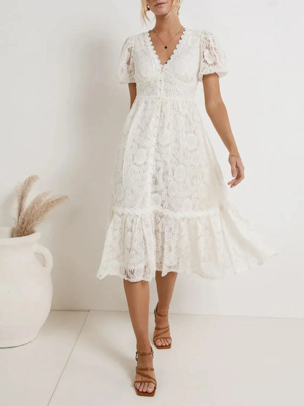 Lace V-Neck Short Sleeve Dress.