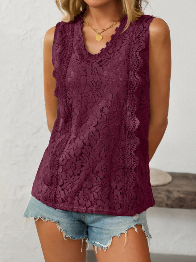 Lace V-neck tank top with buttons.