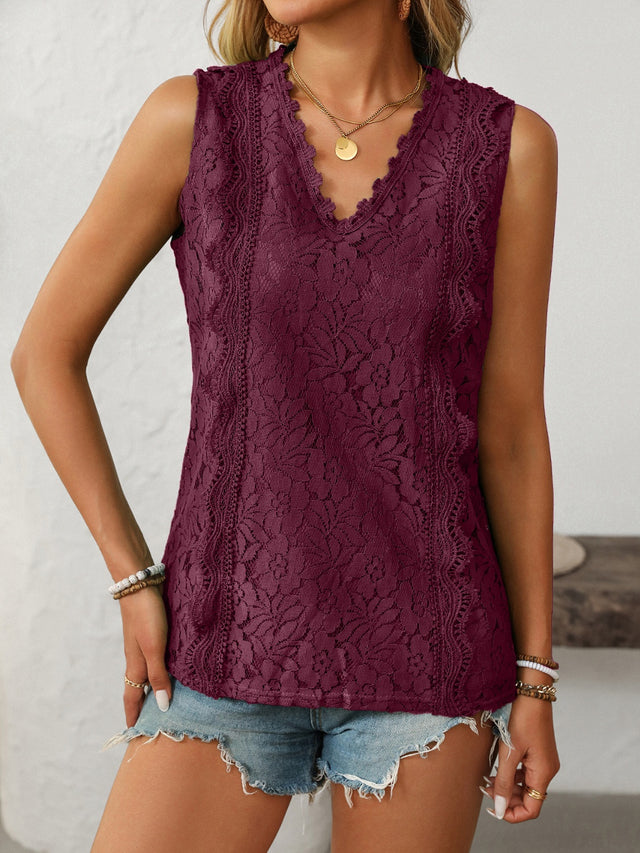Lace V-neck tank top with buttons.