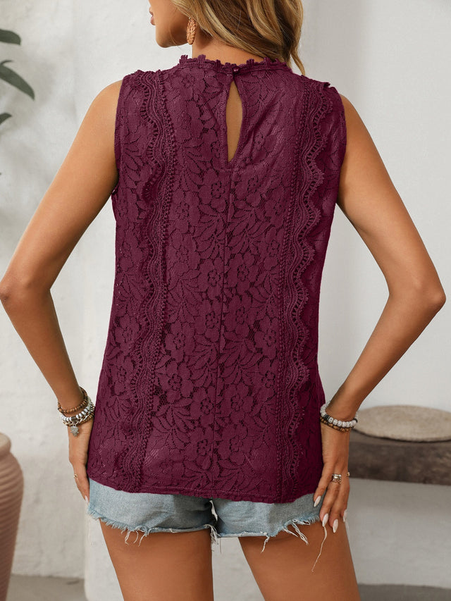 Lace V-neck tank top with buttons.