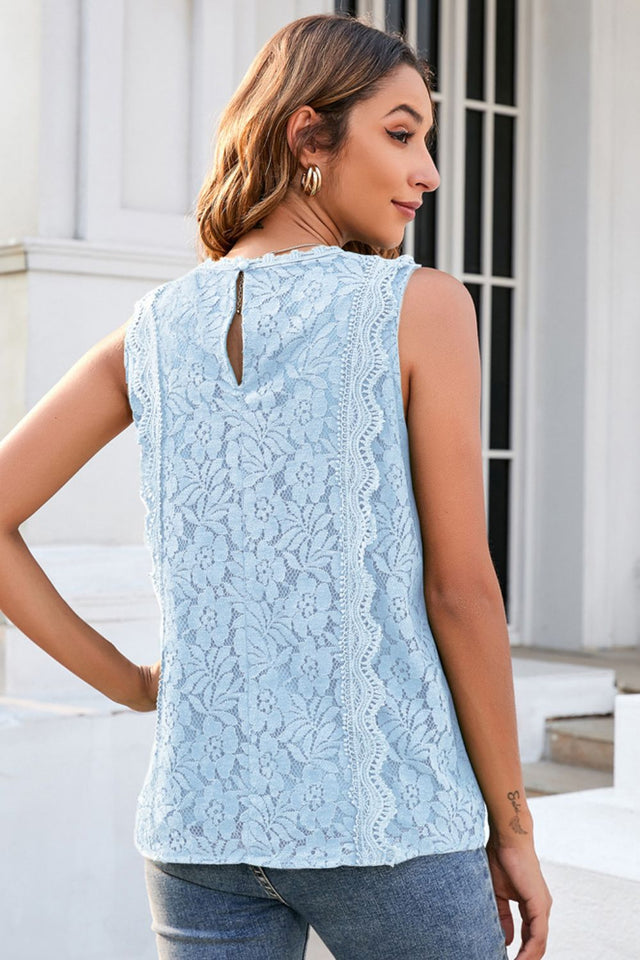 Lace V-neck tank top, solid color with lined front.