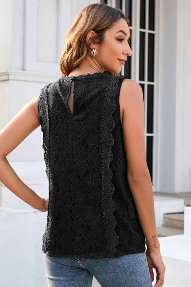 Lace V-neck tank top, solid color with lined front.