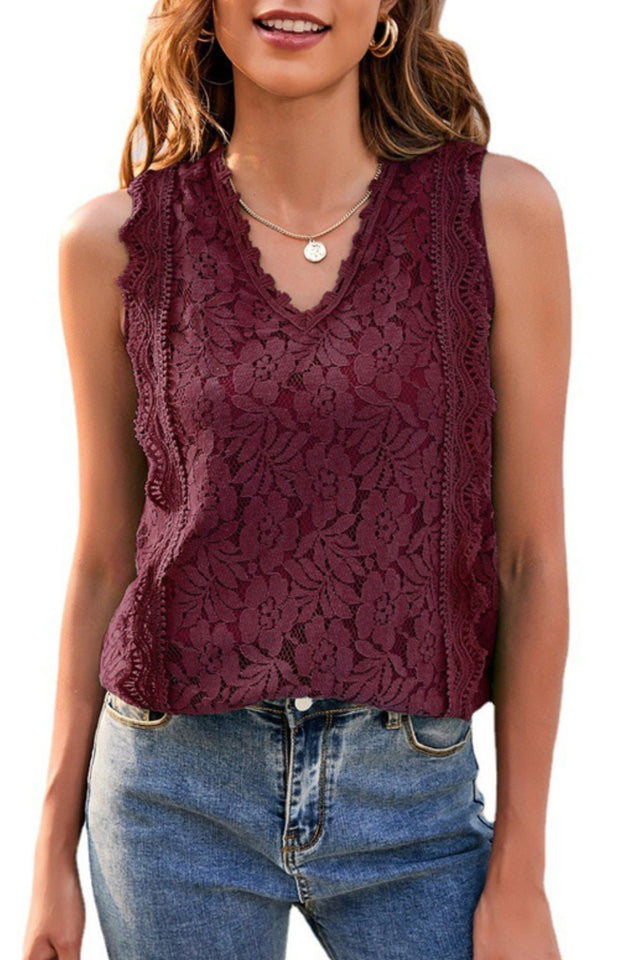 Lace V-neck tank top, solid color with lined front.