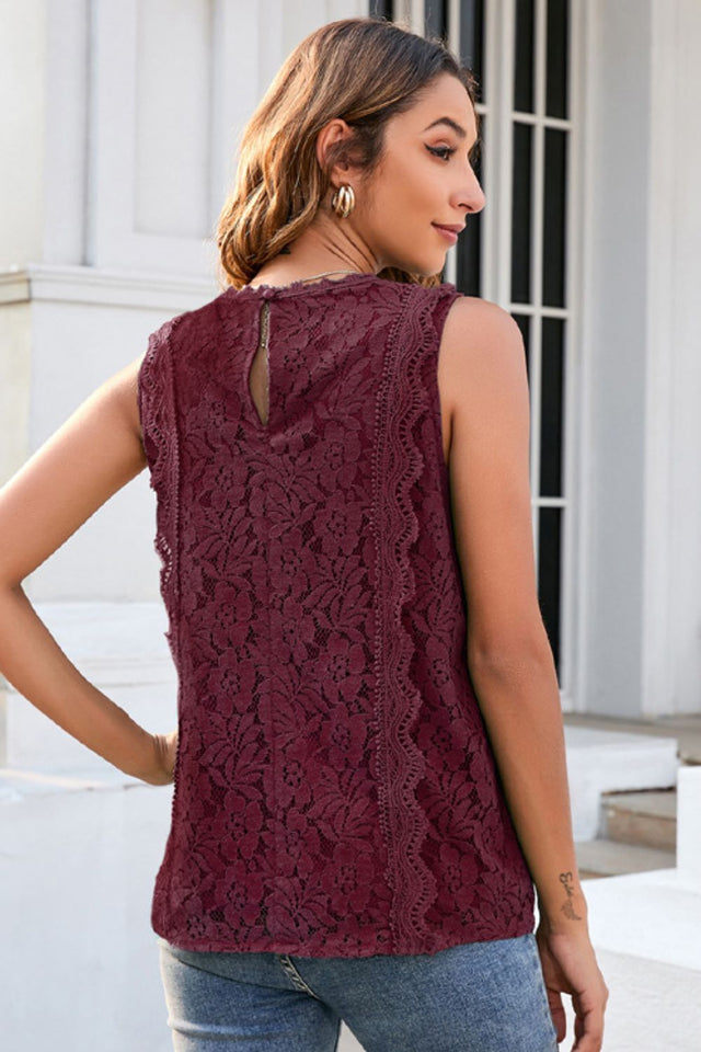 Lace V-neck tank top, solid color with lined front.