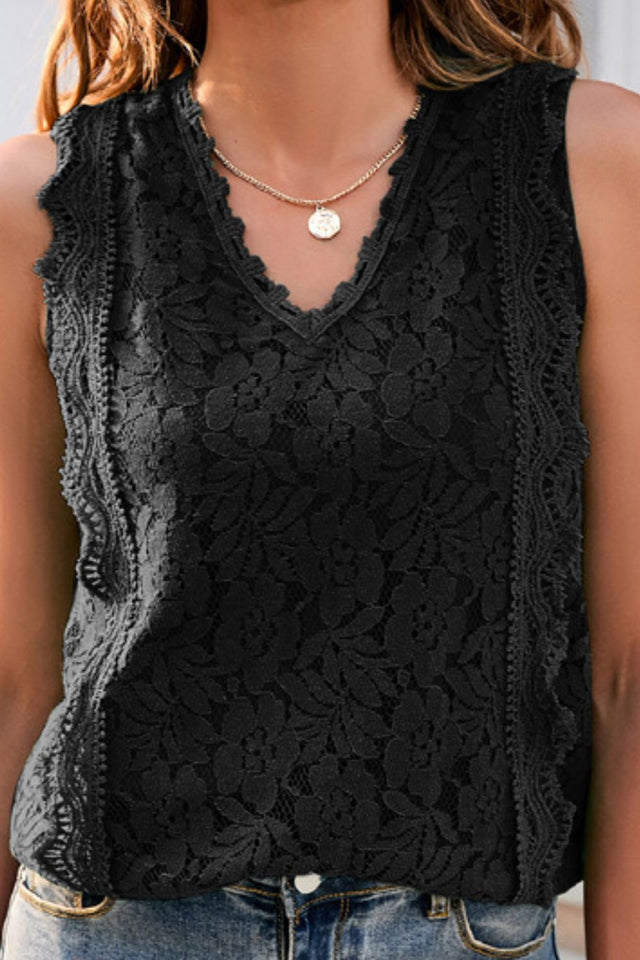 Lace V-neck tank top, solid color with lined front.