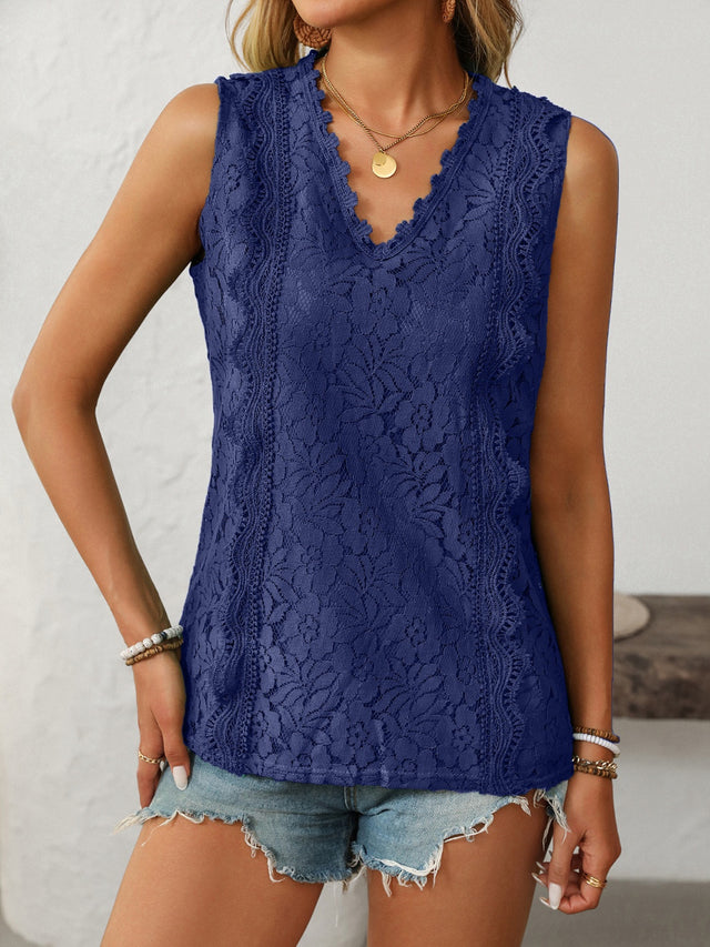 Lace V-neck tank top with buttons.