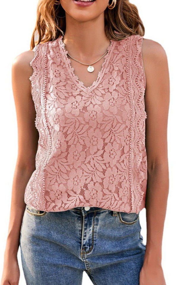 Lace V-neck tank top, solid color with lined front.