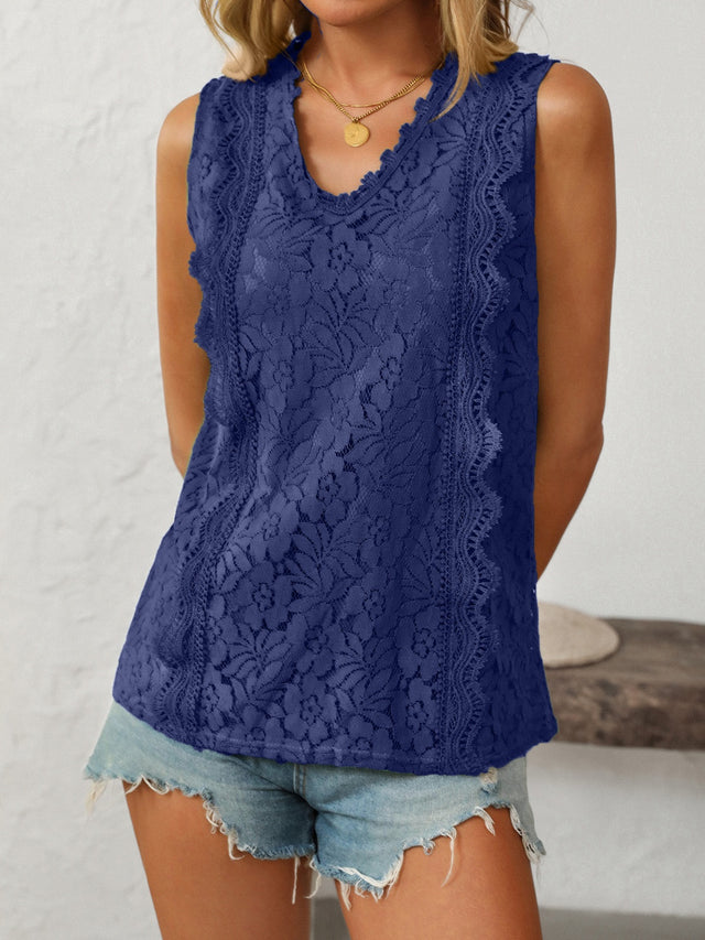 Lace V-neck tank top with buttons.