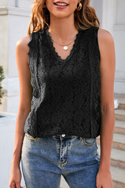Lace V-neck tank top, solid color with lined front.