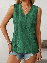 Lace V-neck tank top with buttons.