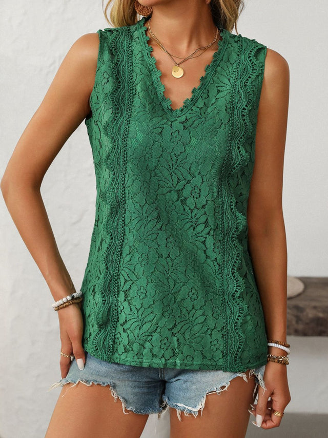 Lace V-neck tank top with buttons.