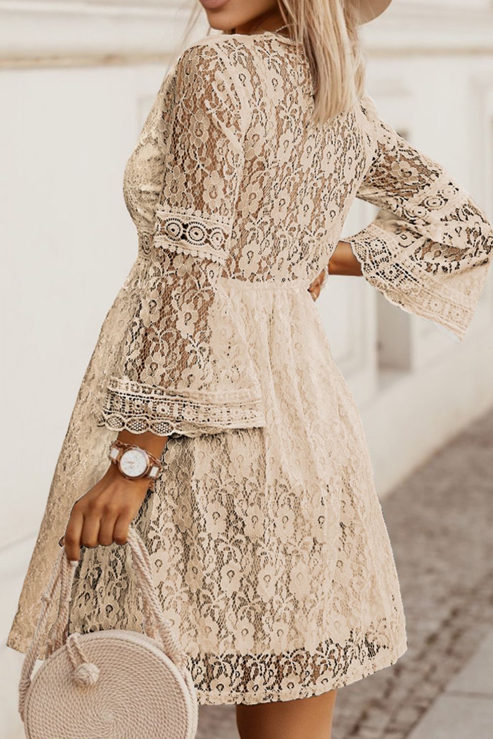 Lace V-Neck Three-Quarter Sleeve Dress.