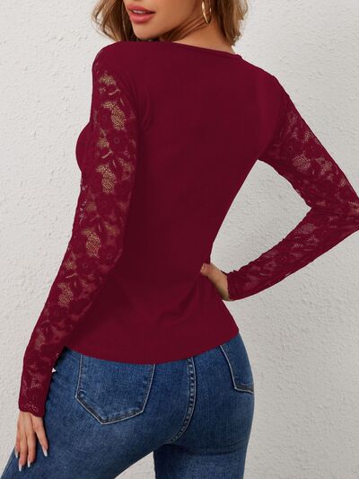 Lace Wavy Hem V-Neck Long Sleeve Top.