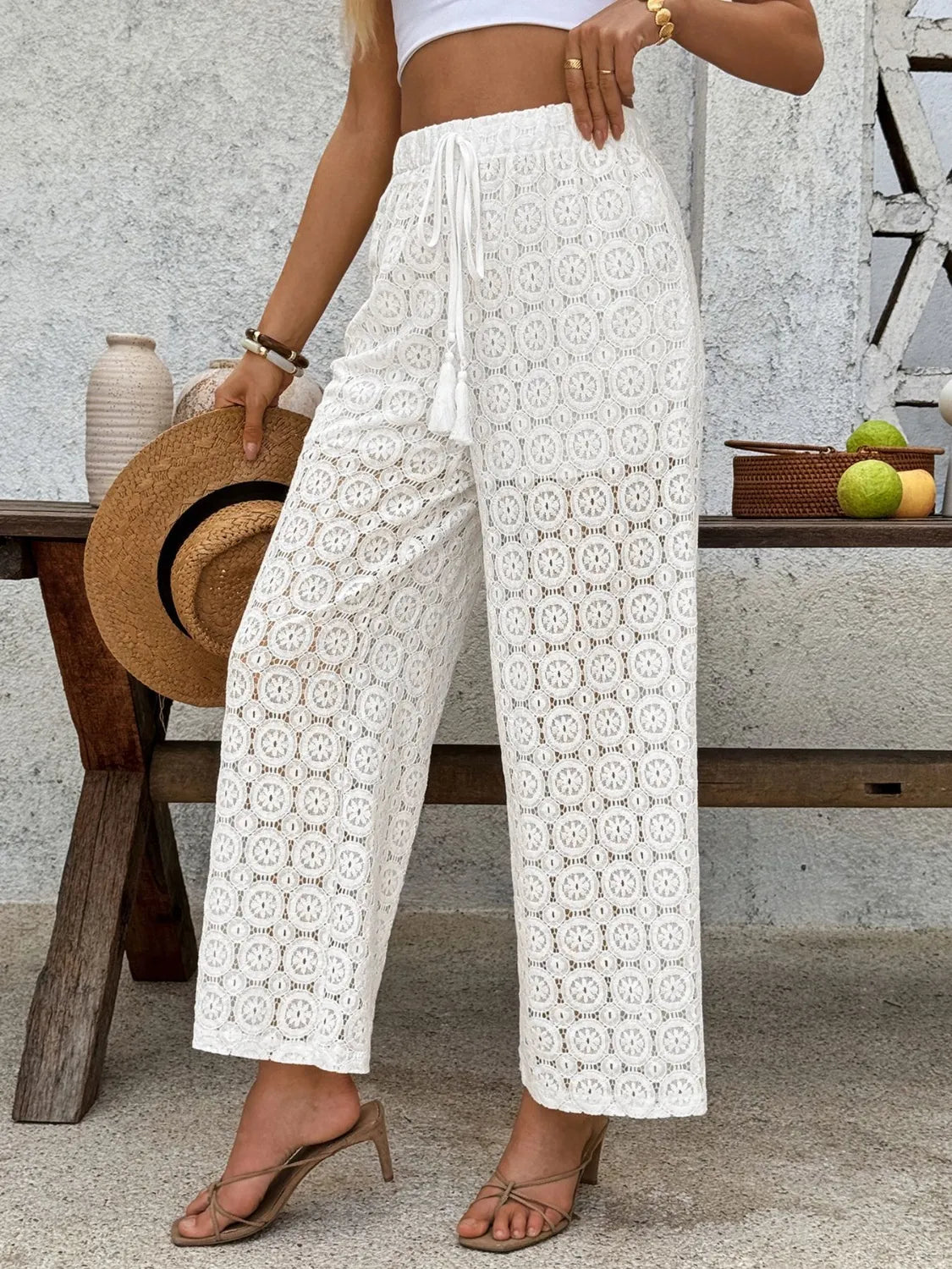 Lace wide leg pants, sheer mesh style.