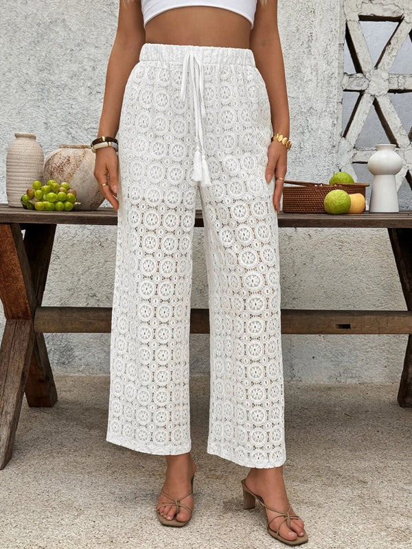 Lace wide leg pants, sheer mesh style.