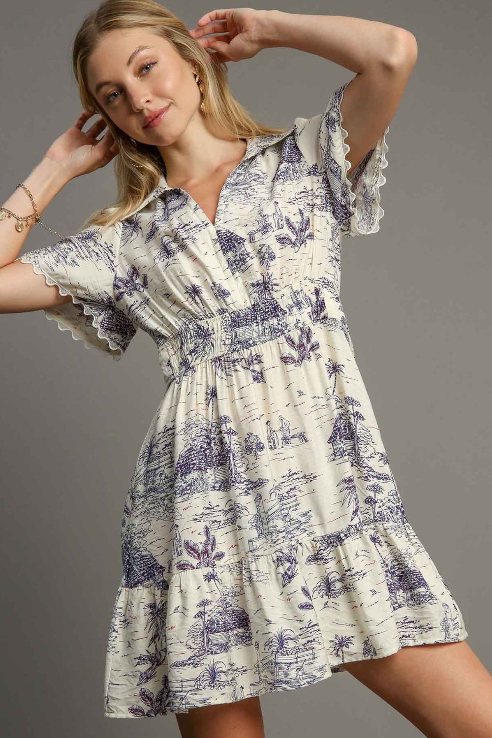 Umgee Plus Size Landscape Print Collared Mini Dress.