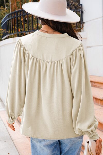 Lantern Sleeve Notched V Neck Ruched Blouse.