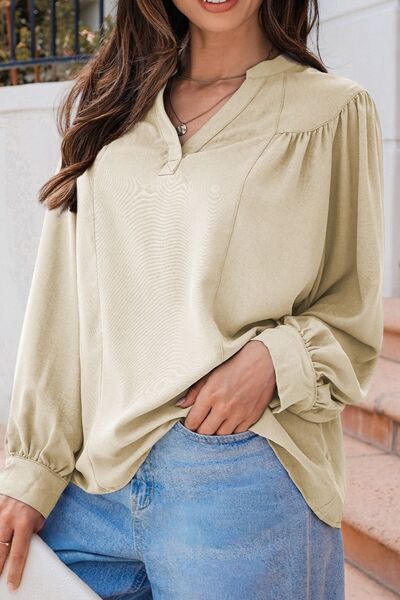 Lantern Sleeve Notched V Neck Ruched Blouse.