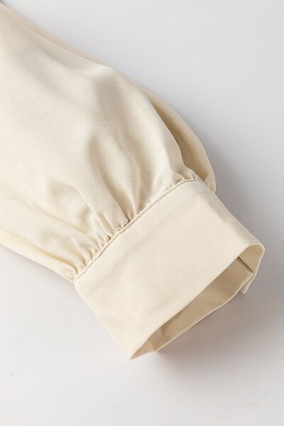 Lantern Sleeve Notched V Neck Ruched Blouse.