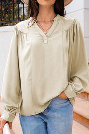 Lantern Sleeve Notched V Neck Ruched Blouse.