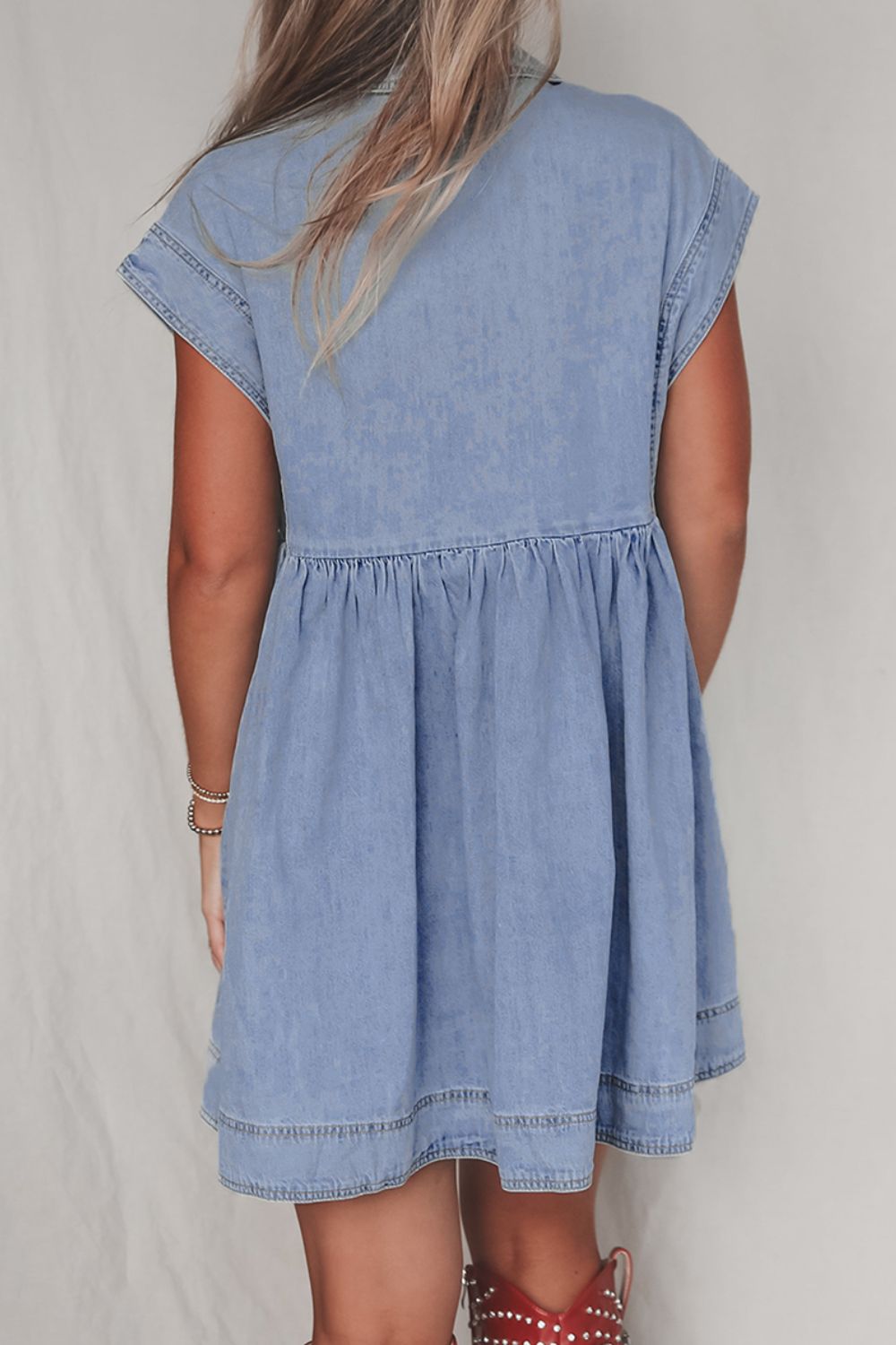 Lapel Neck Cap Sleeve Denim Babydoll Dress.